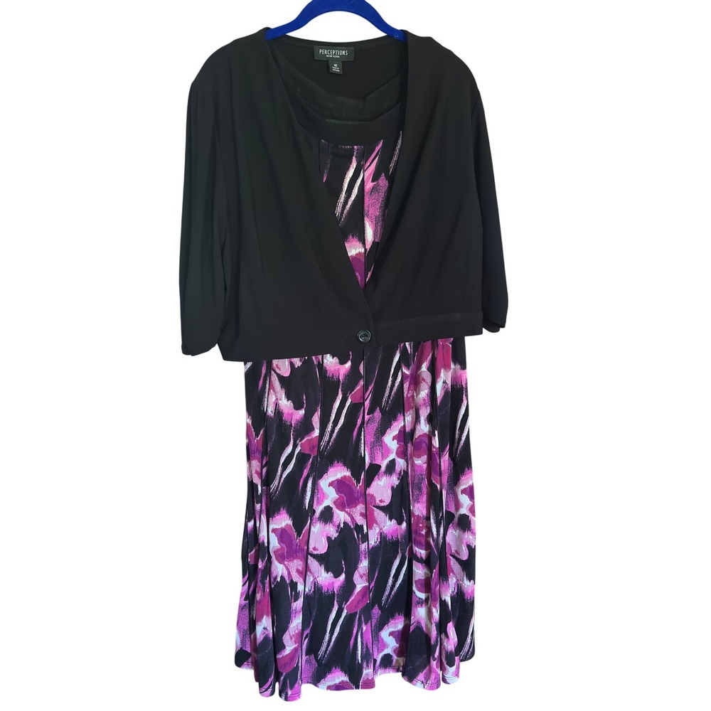 Perceptions Dress Set Black Purple‎ Abstract Floral Knit Bolero Jacket Size 16